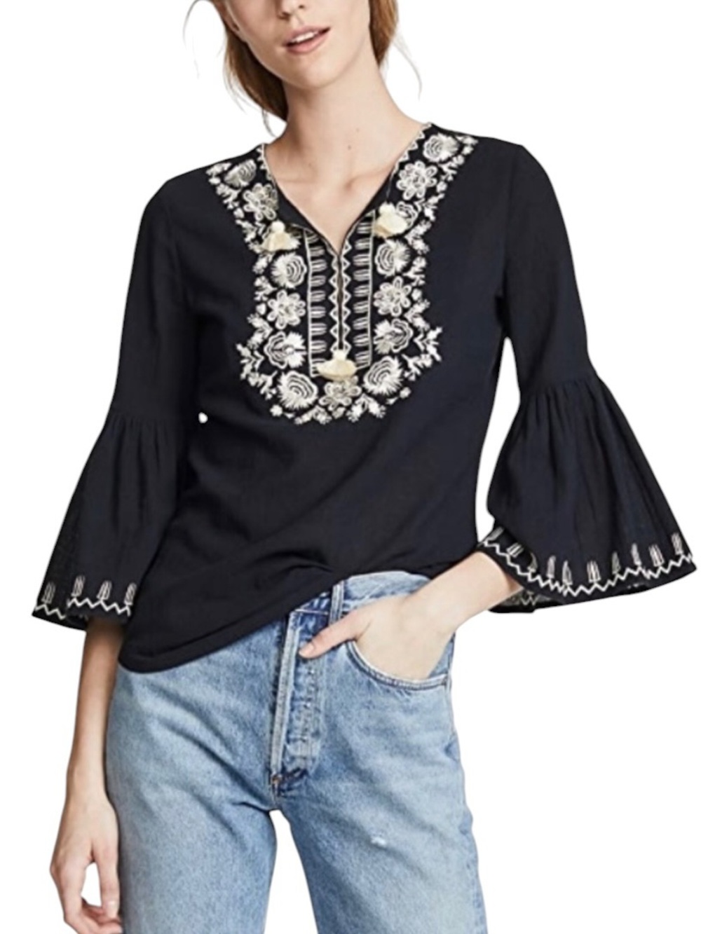 Figue Liza Black Cream Embroidered Tassel Detail 3/4 Bell Sleeve Top - L